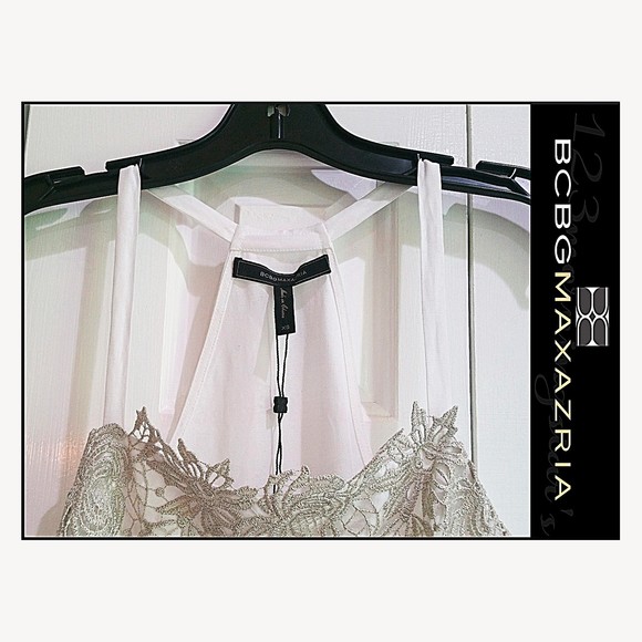 BCBGMAXAZRIA NEW OPTIC WHITE Metallic Embroidered Lace Racerback Tunic XS - Picture 4 of 11